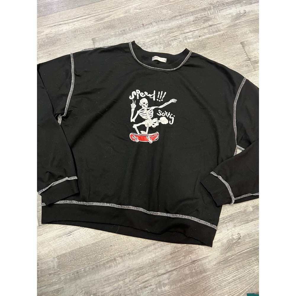 Romwe Womens Large Black Skeleton Skateboard Graphic Sweatshirt Contrast Stitch